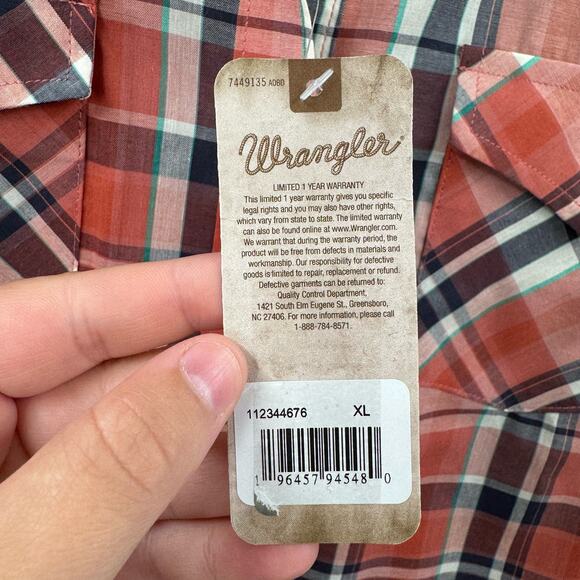 Women's Wrangler 112344676 Essential Western Red Orange Plaid Long Sleeve Shirt - Picture 4 of 9